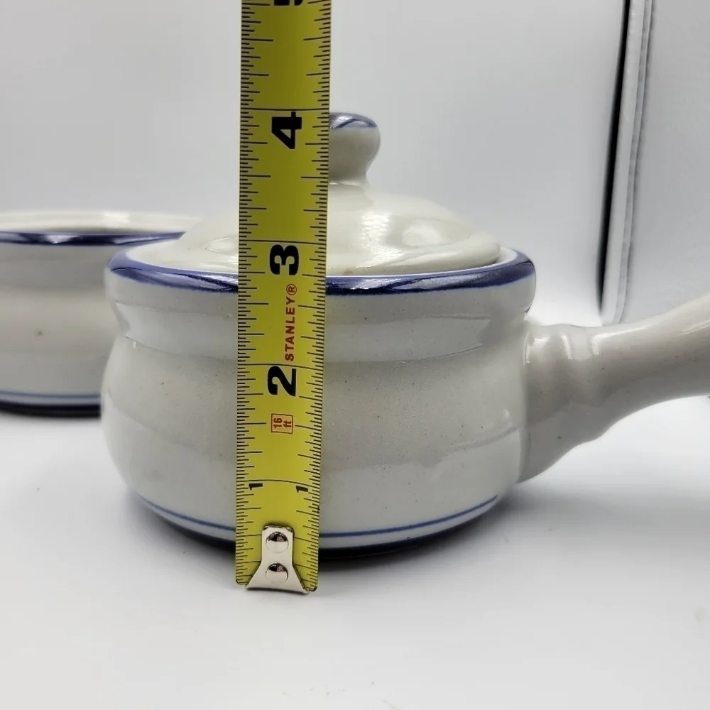 Vintage Blue Trim Handled Stoneware Soup Crocs Made in Taiwan - set of 2